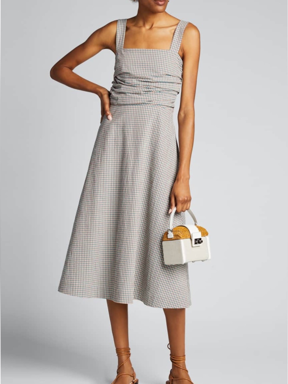Veronica Beard Positano Check Square-Neck Midi Dress